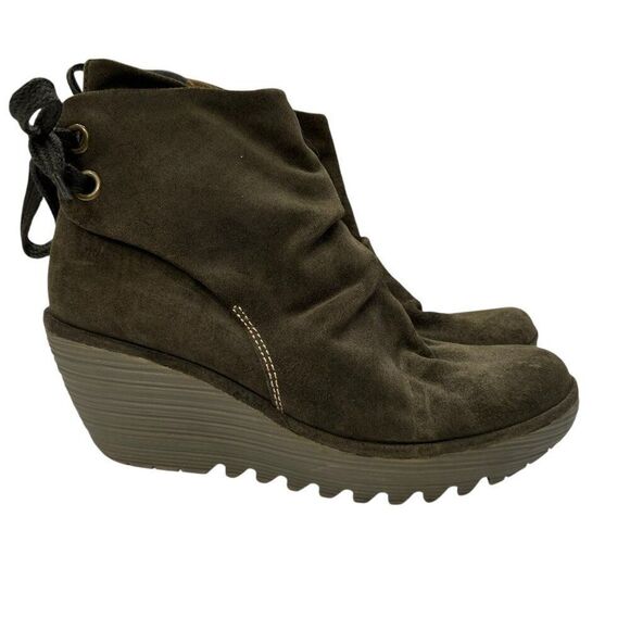 Fly London Women's Yama Suede Wedge Ankle Boots Olive Green Size 9 - Picture 1 of 7